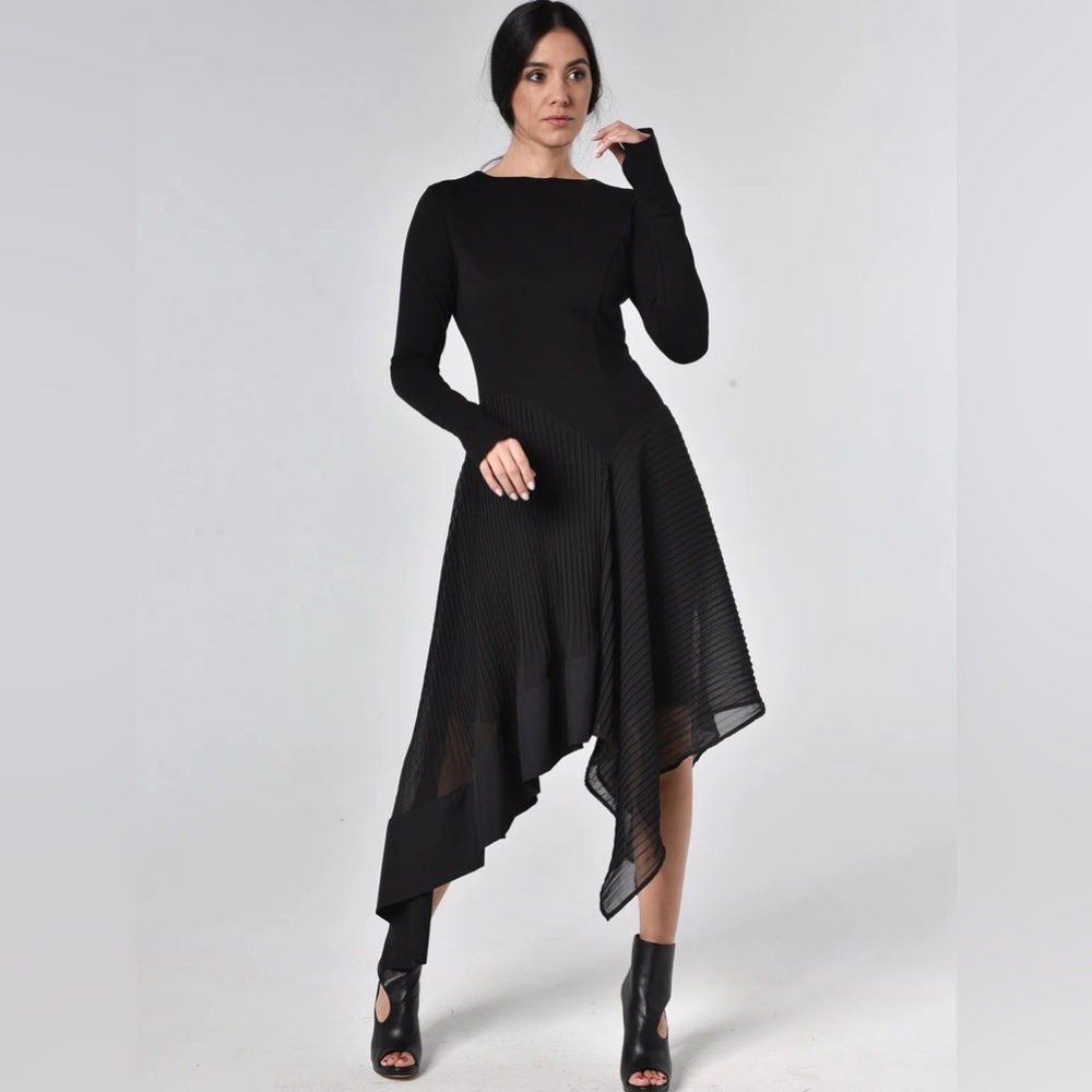 Metamorphoza Black Pleated Chiffon Dress‎ Medium Lagenlook